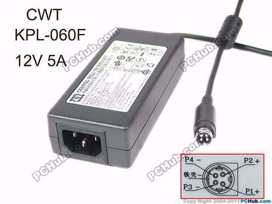 CWT / Channel Well Technology KPL-060F AC Adapter 12V 5A, 4-Pin Din, IEC C14, Input Curr