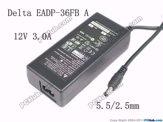 Delta Electronics EADP-36FB A AC Adapter- Laptop 12V 3.0A, Barrel 5.5/2.5mm, 2-Prong, In