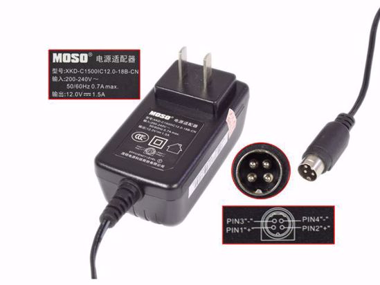 MOSO XKD-C1500IC12.0-18B-CN AC Adapter 5V-12V 12V 1.5A, 4P P1 4=V