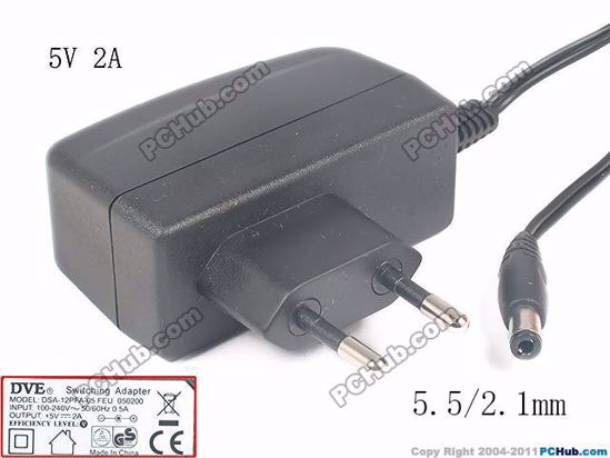 DVE DSA-12PFA-05 AC Adapter 5V-12V 5V 2A, 5.5/2.1mm, EU 2P