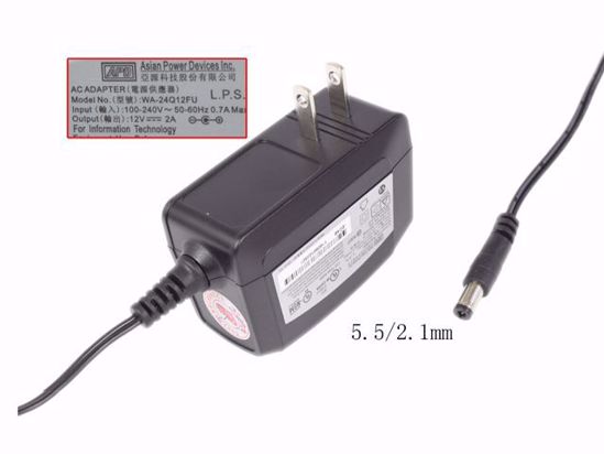 APD / Asian Power Devices WA-24Q12FU AC Adapter 5V-12V 12V 2A, 5.5/2.1mm, US 2P Plug, Ne