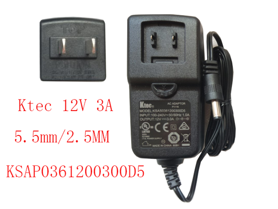 Ktec KSAP0361200300D5 AC Adapter 5V-12V 12V 3.0A, Barrel 5.5/2.5mm, US 2-Pin Plug, NEW