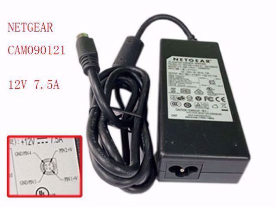 NETGEAR CAM090121 AC Adapter 5V-12V 12V 7.5A, 4-Pin Din, 3-Prong